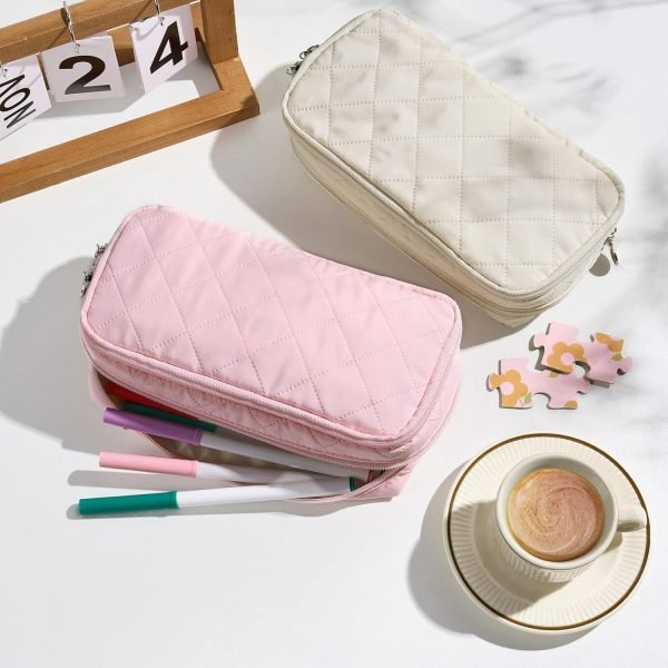 wholesale sooez large pencil case pouch,extra big pencil bag with 8 compartments,pen bag wide opening,soft quilted pencil pouch organizer with zipper,portable pencil case for teen girls,beige free samples