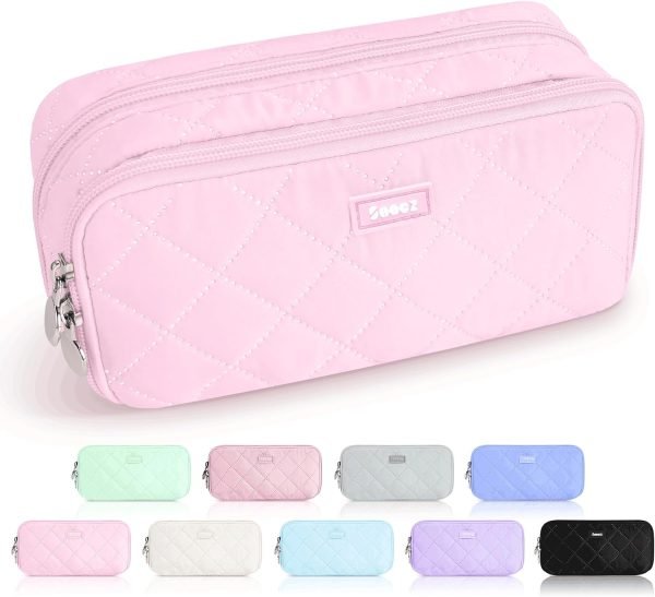 wholesale sooez large pencil case pouch, extra big pencil bag with 8 compartments, pen bag wide opening, soft quilted pencil pouch organizer with zipper, portable pencil case for teen girls, pink free samples