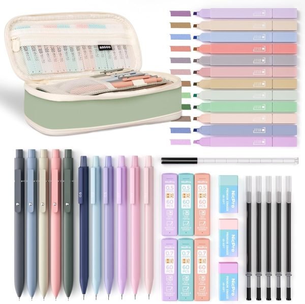 wholesale nicpro 39 pcs aesthetic school supplies with big capacity pen case, 12 color pastel highlighters, 5 quick dry retractable black ink pens, 6 pastel mechanical pencil 0.5 & 0.7 mm for student stationary free samples