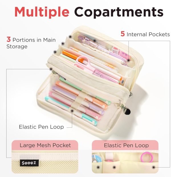 wholesale sooez large pencil case pouch,extra big pencil bag with 8 compartments,pen bag wide opening,soft quilted pencil pouch organizer with zipper,portable pencil case for teen girls,beige free samples