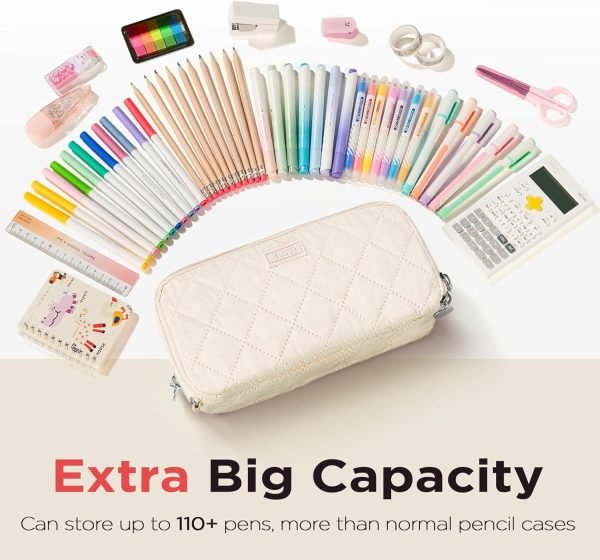 wholesale sooez large pencil case pouch,extra big pencil bag with 8 compartments,pen bag wide opening,soft quilted pencil pouch organizer with zipper,portable pencil case for teen girls,beige free samples