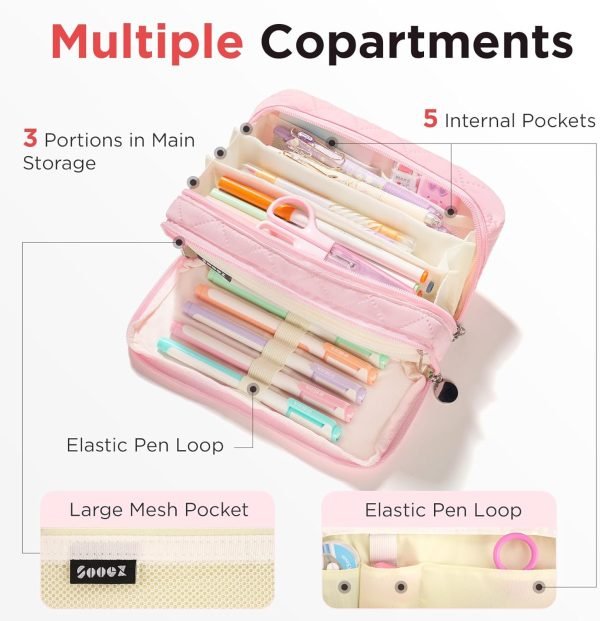 wholesale sooez large pencil case pouch, extra big pencil bag with 8 compartments, pen bag wide opening, soft quilted pencil pouch organizer with zipper, portable pencil case for teen girls, pink free samples