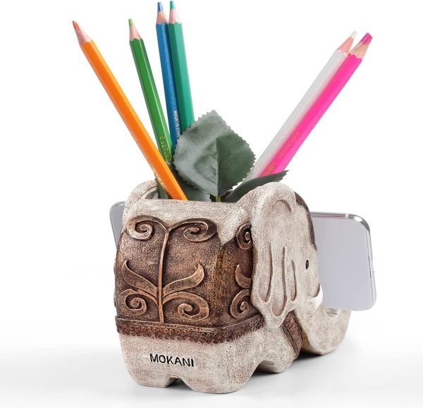 wholesale mokani pen pencil holder with phone stand, multifunctional elephant shaped desk organizer desk decor elephant gifts for women cute desk accessories home office decoration thanksgiving christmas gift free samples