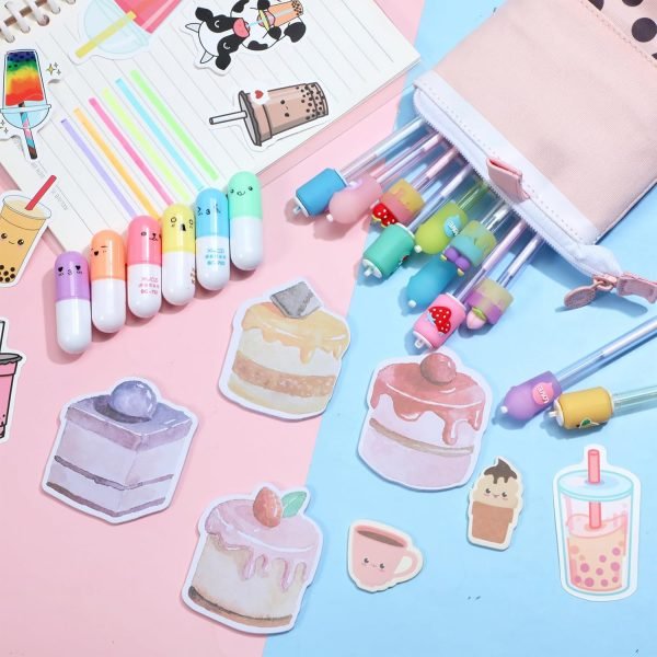 wholesale sabary 228 pcs kawaii stationary set include telescopic boba pencil pouch case bag gel ink pen sticky note bubble tea sticker pill highlighter stationary cute school supplies for christmas(vivid) free samples