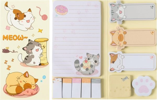 wholesale cute cartoon cat sticky notes set, 550 sheets, lovely cat and paw shaped self-stick notes pads kitty animal divider tabs bundle writing memo pads back to school office supplies small gift free samples