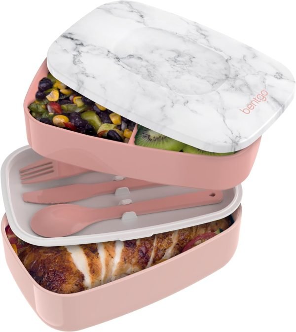 wholesale bentgo classic - adult bento box, all-in-one stackable lunch box container with 3 compartments, plastic utensils, and nylon sealing strap, bpa free food container (blush marble) free samples