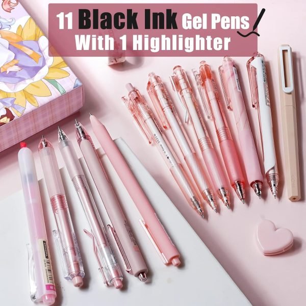 wholesale fourcandies 12pack pastel gel ink pen set, cute note taking 0.5mm fine point retractable 11 pack black ink pens with 1pack highlighter for writing, school, office (pink) free samples