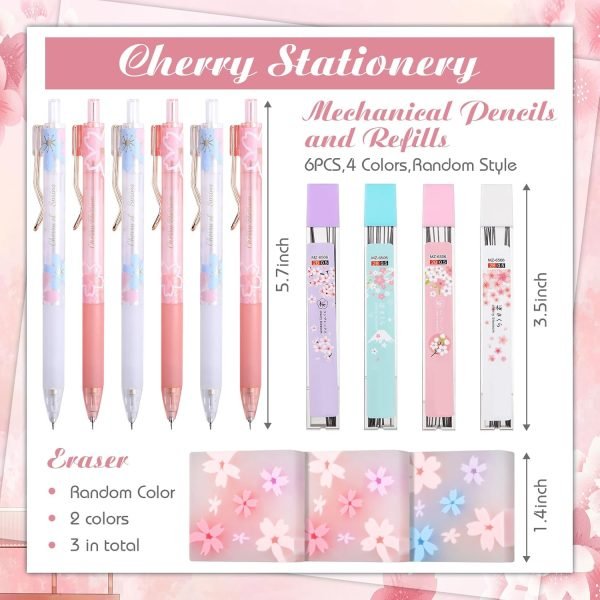 wholesale crtiin 74 pcs kawaii cherry blossom stationery set japanese kawaii pencil bag mechanical pencil cherry erasers pencil refill and stickers for office party favors(pink) free samples