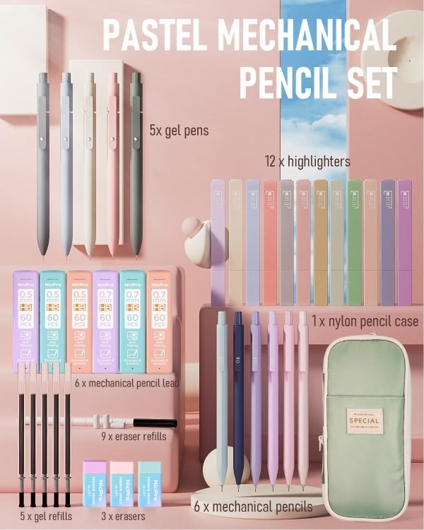 wholesale nicpro 39 pcs aesthetic school supplies with big capacity pen case, 12 color pastel highlighters, 5 quick dry retractable black ink pens, 6 pastel mechanical pencil 0.5 & 0.7 mm for student stationary free samples