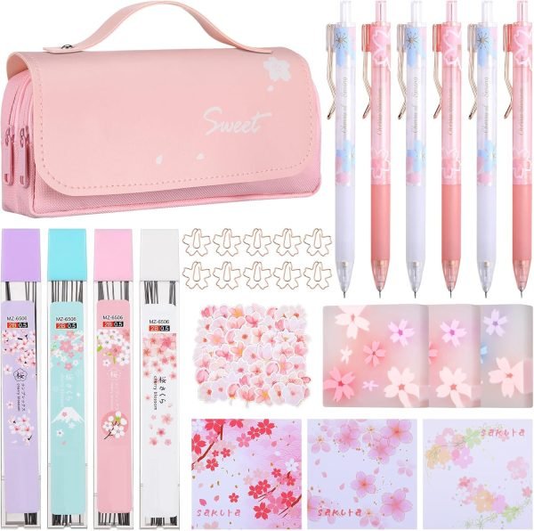 wholesale crtiin 74 pcs kawaii cherry blossom stationery set japanese kawaii pencil bag mechanical pencil cherry erasers pencil refill and stickers for office party favors(pink) free samples