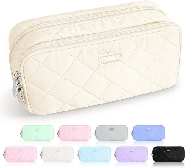 wholesale sooez large pencil case pouch,extra big pencil bag with 8 compartments,pen bag wide opening,soft quilted pencil pouch organizer with zipper,portable pencil case for teen girls,beige free samples