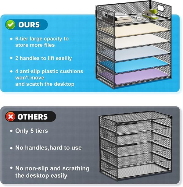 wholesale marbrasse 6 tier paper organizer letter tray - mesh desk file organizer with handle, paper sorter organizer for letter/a4 office file folder holder - black free samples