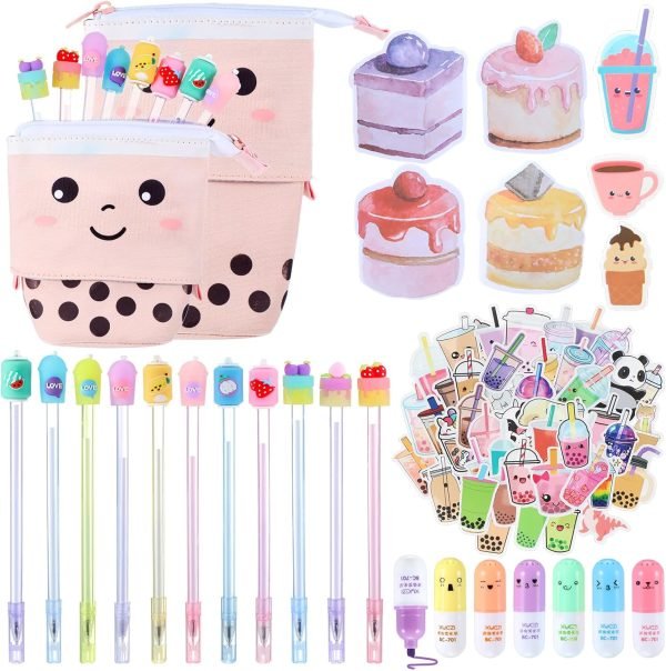 wholesale sabary 228 pcs kawaii stationary set include telescopic boba pencil pouch case bag gel ink pen sticky note bubble tea sticker pill highlighter stationary cute school supplies for christmas(vivid) free samples