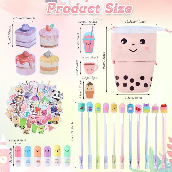 wholesale sabary 228 pcs kawaii stationary set include telescopic boba pencil pouch case bag gel ink pen sticky note bubble tea sticker pill highlighter stationary cute school supplies for christmas(vivid) free samples