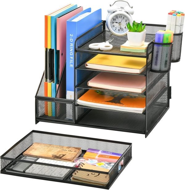 wholesale marbrasse desk organizer with file holder, 5-tier paper letter tray organizer with drawer and 2 pen holder, mesh desktop organizer and storage with magazine holder for office supplies(black) free samples