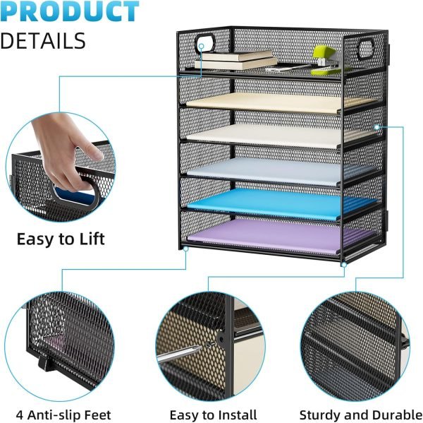 wholesale marbrasse 6 tier paper organizer letter tray - mesh desk file organizer with handle, paper sorter organizer for letter/a4 office file folder holder - black free samples