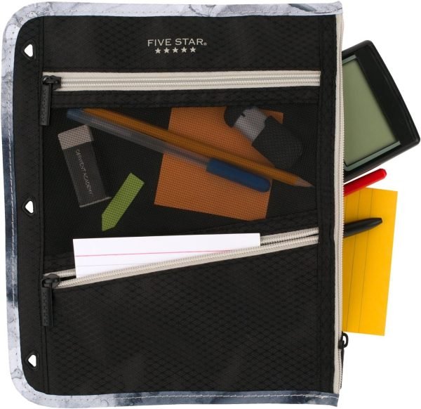 wholesale five star pencil pouch, pen case, storage organizer for classroom supplies earbuds chargers cables makeup, 3-pocket, fits 3 ring binder, black/grey (506420a-ecm) free samples