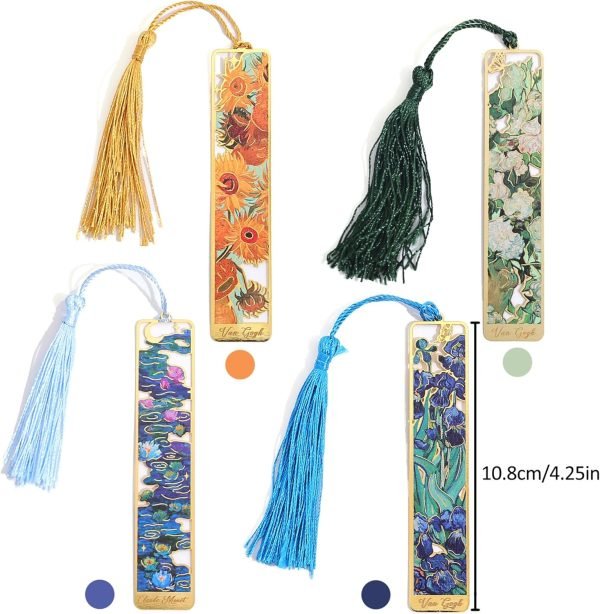 wholesale 4 pieces metal bookmarks with tassel, golden hollow bookmark van gogh oil painting theme book mark bookmarks for book lovers writers readers children teens men women adults free samples