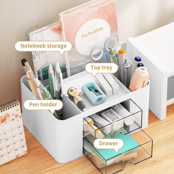 wholesale marbrasse pen organizer with 2 drawer, multi-functional pencil holder for desk, desk organizers and accessories with 5 compartments + drawer for office art supplies (white) free samples