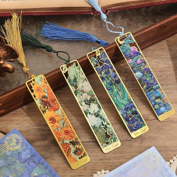 wholesale 4 pieces metal bookmarks with tassel, golden hollow bookmark van gogh oil painting theme book mark bookmarks for book lovers writers readers children teens men women adults free samples