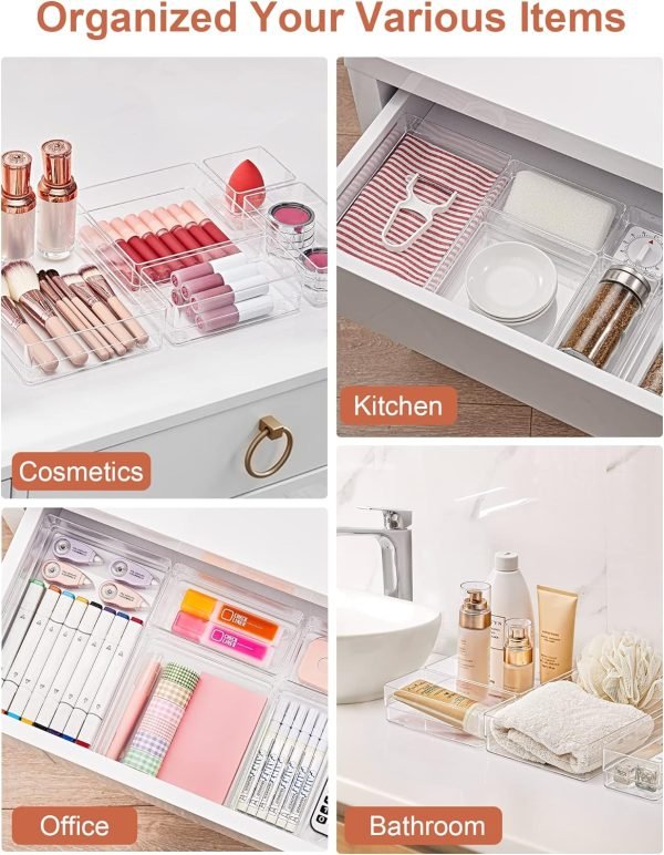 wholesale smartake 7-piece drawer organizer with non-slip silicone pads, 4-size desk drawer organizer trays storage tray for makeup, jewelries, utensils in bedroom dresser, office and kitchen (clear) free samples