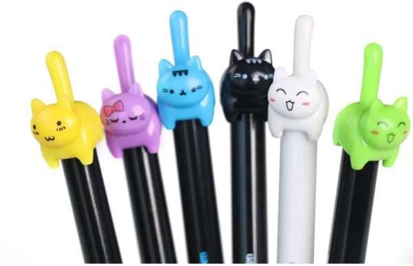 wholesale retractable cat gel pens,fine point 0.5mm black ink,cute kitty fun ball point pens for girls kids school office supplies,12pcs fun pens. free samples