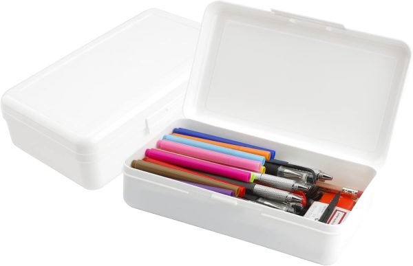 wholesale plastic pencil box, large capacity pencil cases, 1 pack hard pencil case, crayon box with snap-tight lid stackable design, plastic storage box for office supplies, white free samples