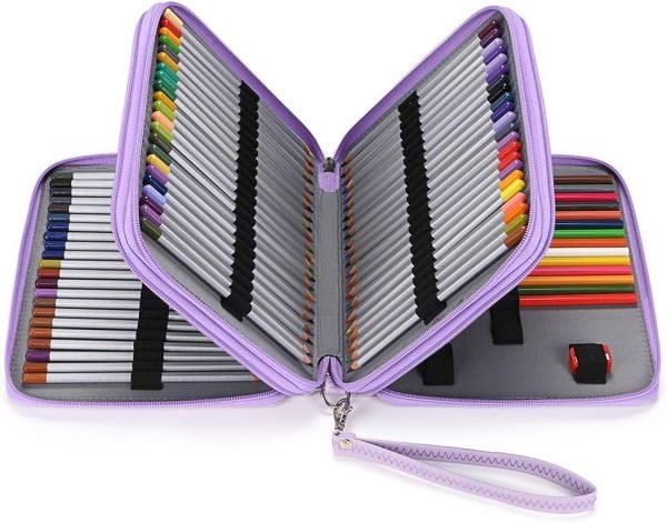 wholesale btsky deluxe pu leather pencil case for colored pencils - 120 slot pencil holder with handle strap handy colored pencil box large (purple) free samples