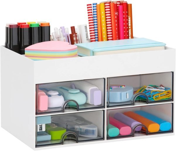 wholesale leture desk organizer office desktop organizer with drawer, desk top accessories stationary organizer desk caddy, pen/pencil/business card/sticky note tray/paperclip holder storage box (white) free samples