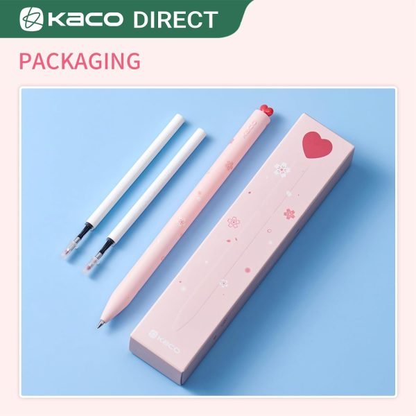 wholesale kaco first gel pens cute stationery, pack of 2 pieces heart pen set with extra 4 black refills (2 pink) free samples