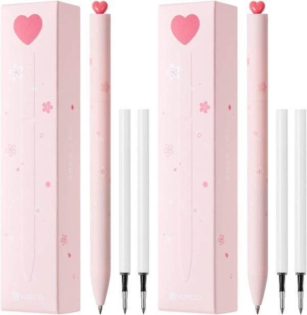 wholesale kaco first gel pens cute stationery, pack of 2 pieces heart pen set with extra 4 black refills (2 pink) free samples