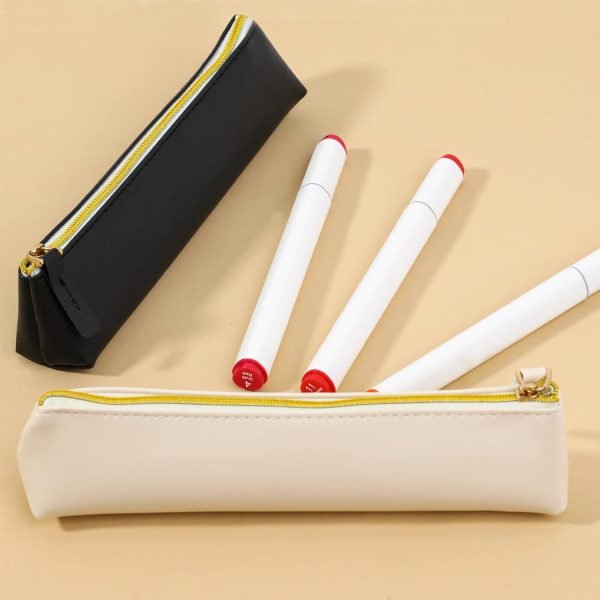 wholesale vin beauty 2 pcs leather pencil pouch, slim design small pencil pouch pencil bag zipper pencil case bag stationery pouch bag for pens, pencils, markers(black&beige) free samples