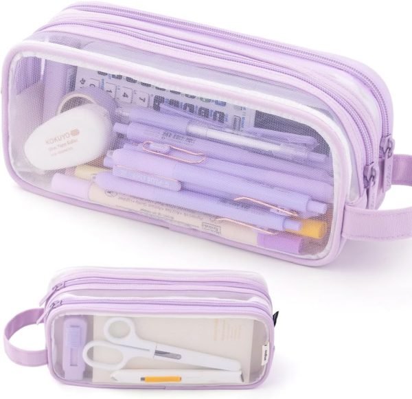 wholesale angoobaby large grid mesh pencil case 2 compartment pen bag clear handheld multifunction pencil pouch transparent makeup bag for teen student college business travel office adult - purple free samples