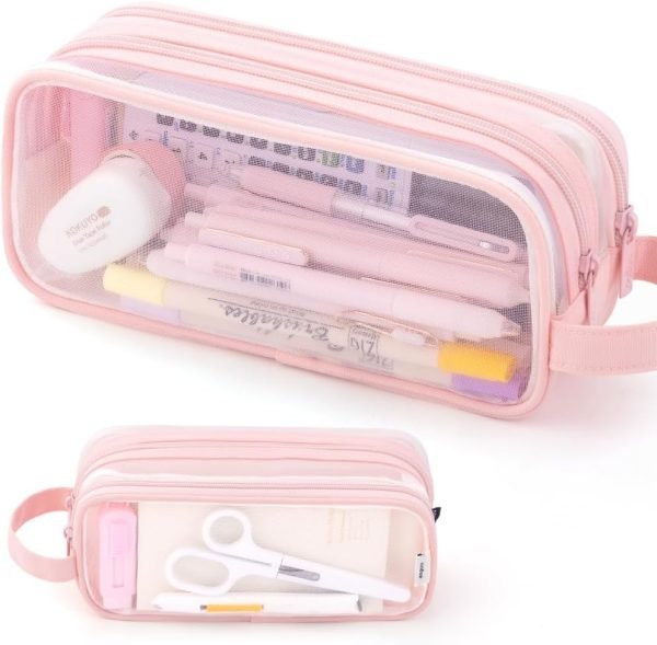 wholesale angoobaby large grid mesh pencil case 2 compartment pen bag clear handheld multifunction pencil pouch transparent makeup bag for teen student college business travel office adult - pink free samples