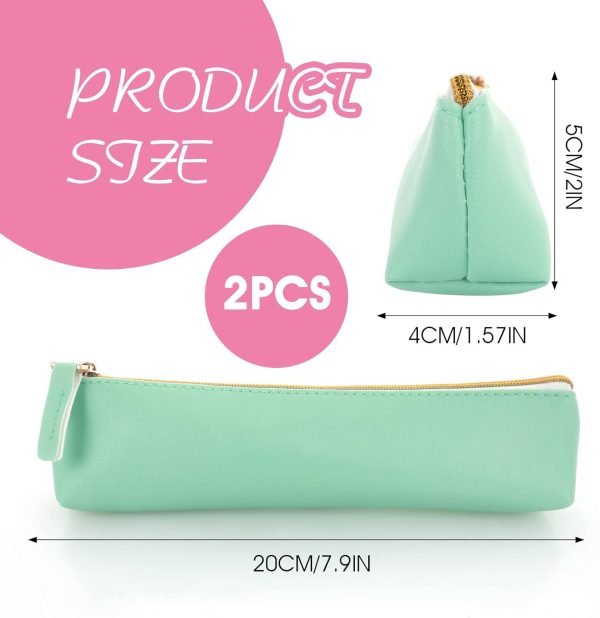 wholesale tiesome leather pen pencil case, 2pcs cute slim pen bag small pencil pouch lovely stationery bag portable cosmetic bag zipper bag for pen pencils markers(green+pink) free samples