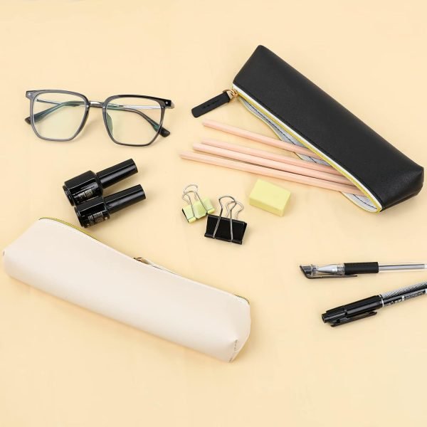 wholesale vin beauty 2 pcs leather pencil pouch, slim design small pencil pouch pencil bag zipper pencil case bag stationery pouch bag for pens, pencils, markers(black&beige) free samples