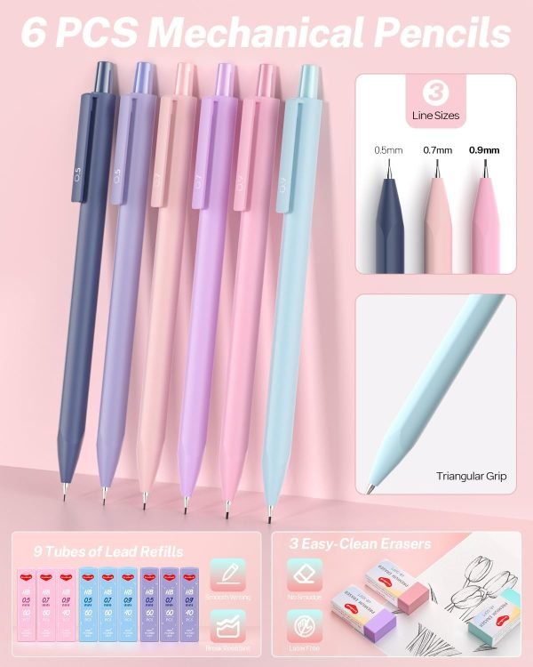 wholesale 43pcs aesthetic school supplies with cute pen case, 5 quick dry black ink gel pens, 6 mechanical pencil 0.5 0.7 0.9mm, 12 pastel highlighters, college essentials student stationary for girls free samples