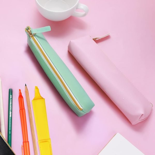 wholesale tiesome leather pen pencil case, 2pcs cute slim pen bag small pencil pouch lovely stationery bag portable cosmetic bag zipper bag for pen pencils markers(green+pink) free samples