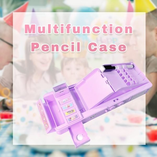 wholesale pop up multifunction pencil case for girls and boys, cute cartoon pen box organizer stationery, sharpener, schedule, whiteboard, school supplies, best gifts for kids (purple) free samples