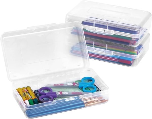 wholesale sooez 3 pack large pencil box case, clear crayon marker box bulk, hard plastic school supplies with snap-tight lid, stackable storage container art craft organizer for bead pens ribbons, clear free samples