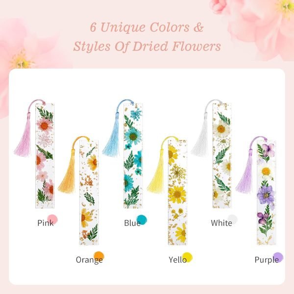 wholesale leezmark 6 pcs resin dried flower bookmarks, transparent dried floral bookmark cute pressed flower bookmark with tassels, gifts for readers, page marker book markers for women girls adults kids free samples