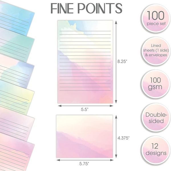 wholesale better office products mini stationery set, 100 piece set (50 lined watercolor sheets + 50 matching envelopes), 5.5 x 8.25 inch, 12 unique designs, double sided printing, one side lined paper, free samples