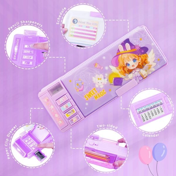 wholesale pop up multifunction pencil case for girls and boys, cute cartoon pen box organizer stationery, sharpener, schedule, whiteboard, school supplies, best gifts for kids (purple) free samples