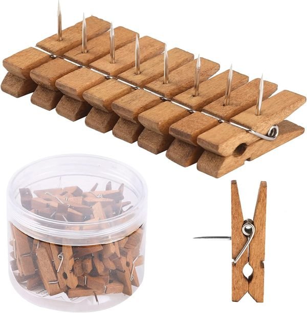 wholesale 50 pcs push pin with wooden clips, durable wooden push pins, decorative pushpins tacks thumbtacks, tacks for cork board artworks notes photos, craft projects, offices and homes free samples