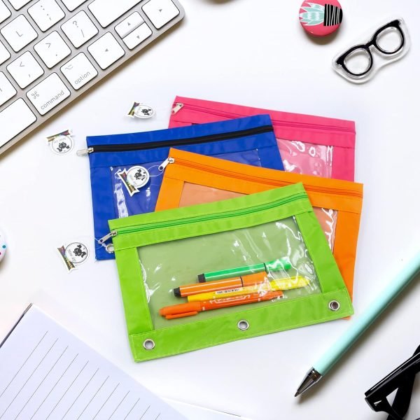 wholesale 3 ring binder pencil pouches, pencil pouch for 3 ring binder, zippered clear window pencil case for binder with rivet enforced hole 3 ring, 5 packs free samples