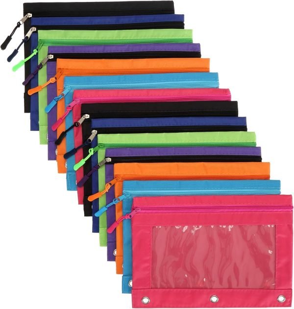 wholesale yopay 14 pack binder pencil pouch for 3 ring binder, b5 size zipper pulls pencil bags case, cosmetic bags with clear window for school, office, oxford cloth, 7 colors free samples