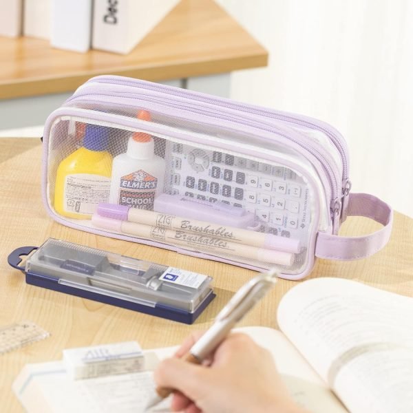 wholesale angoobaby large grid mesh pencil case 2 compartment pen bag clear handheld multifunction pencil pouch transparent makeup bag for teen student college business travel office adult - purple free samples