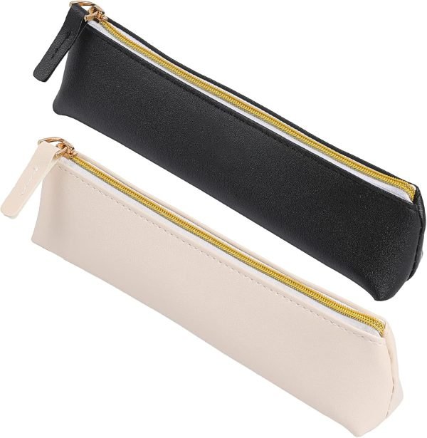 wholesale vin beauty 2 pcs leather pencil pouch, slim design small pencil pouch pencil bag zipper pencil case bag stationery pouch bag for pens, pencils, markers(black&beige) free samples