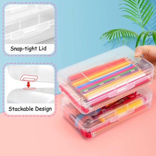 wholesale sooez 1 pack clear pencil box, plastic hard pencil case with stickers, large crayon box with snap-tight lid, stackable storage box art craft marker organizer box for kids boys back to school, clear free samples