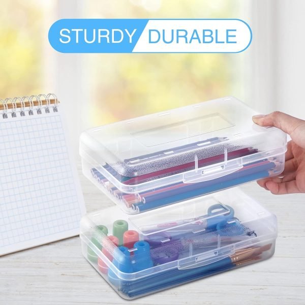 wholesale sooez 3 pack large pencil box case, clear crayon marker box bulk, hard plastic school supplies with snap-tight lid, stackable storage container art craft organizer for bead pens ribbons, clear free samples